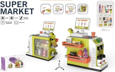 Касова Зона от Супермаркет с 46 Елемента, Работещ Баркод Четец и Касов Апарат 41×37×30 см Кутия 41×26×12 см